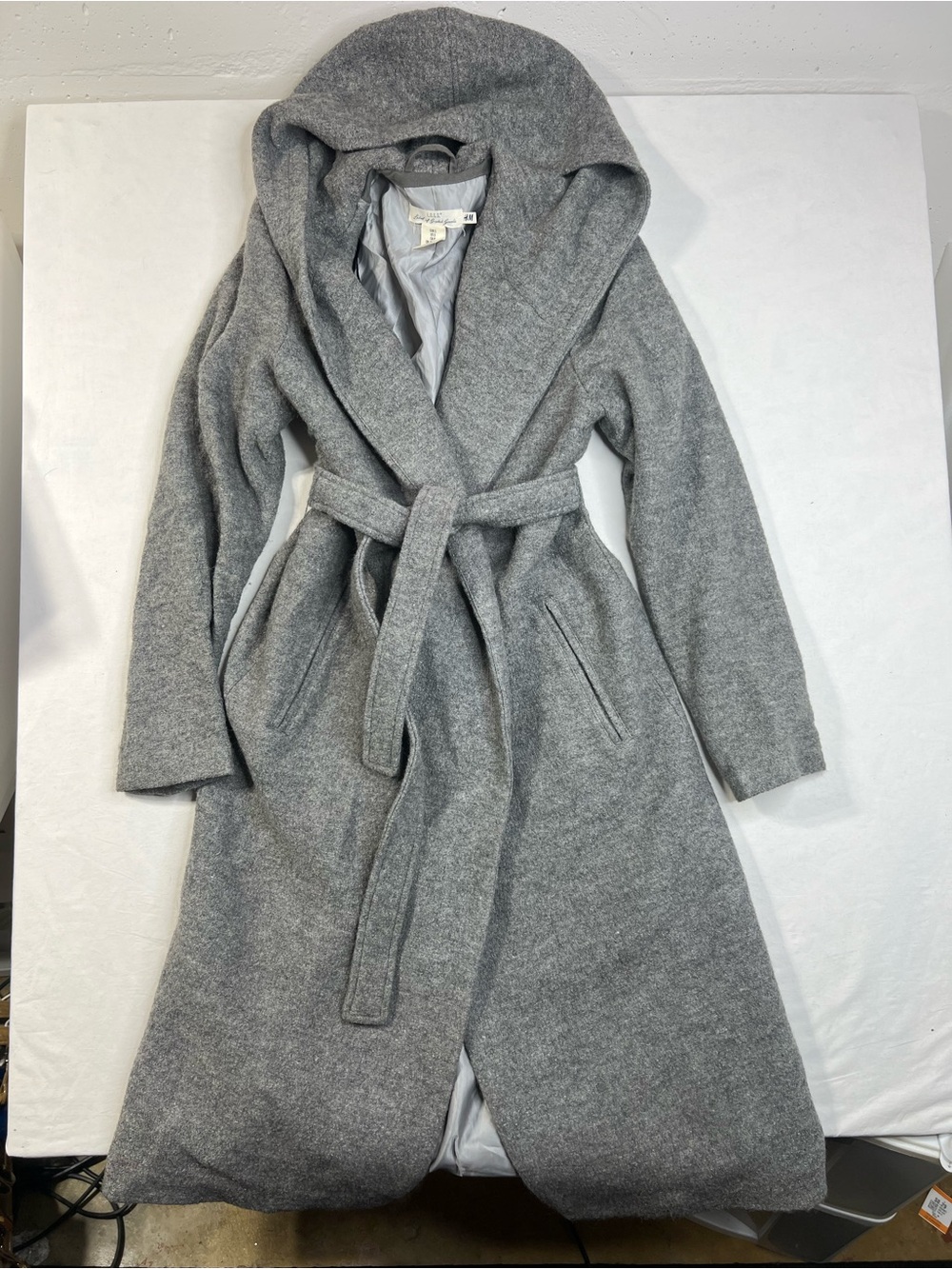 H&M Gray Heavy Weight Wool Blend Hooded Belted Trench Coat